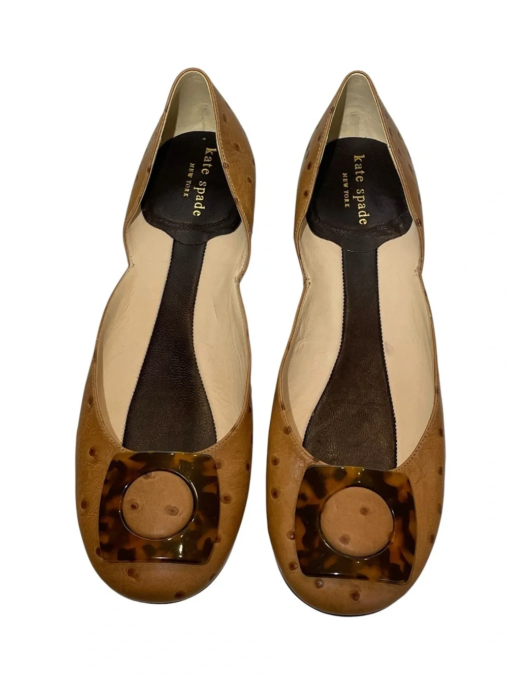 Vintage kate spade D'Orsay Fawn Leather Ostrich Flats Tortoiseshell Buckle 9.5
